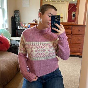 Pink Mock-Neck Fair Isle Knit Sweater Size M